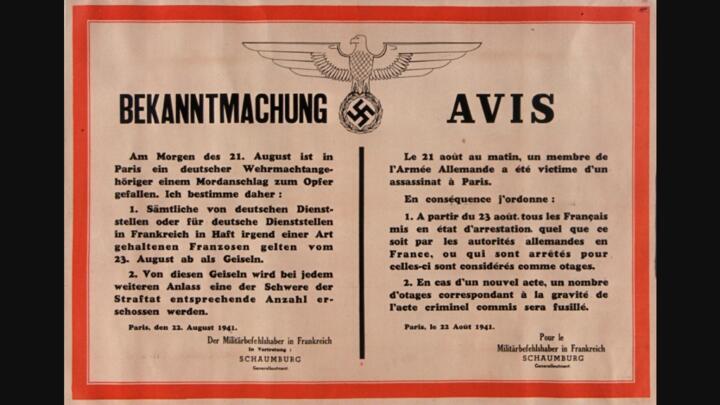 The German poster announcing the September 1941 Barbès-Rochechouart metro station attack in Paris and the repression that would follow in occupied France.